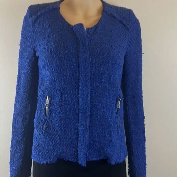 IRO Agnetay Royal Blue Tweed Boucle Cropped Zipper Jacket, Frayed Edge Detail, 2 - Picture 2 of 14